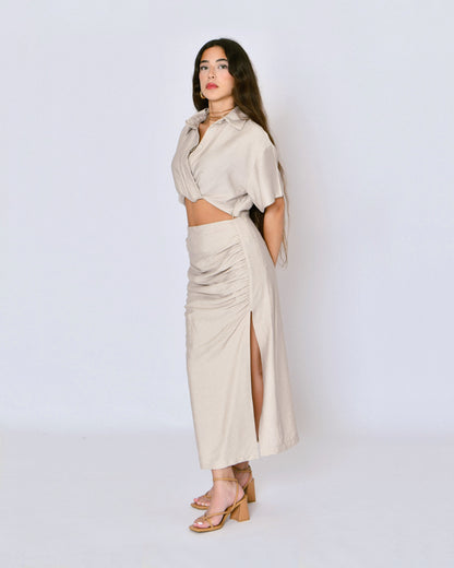 Wrap Shirt and Ruched Split Midi Skirt Set