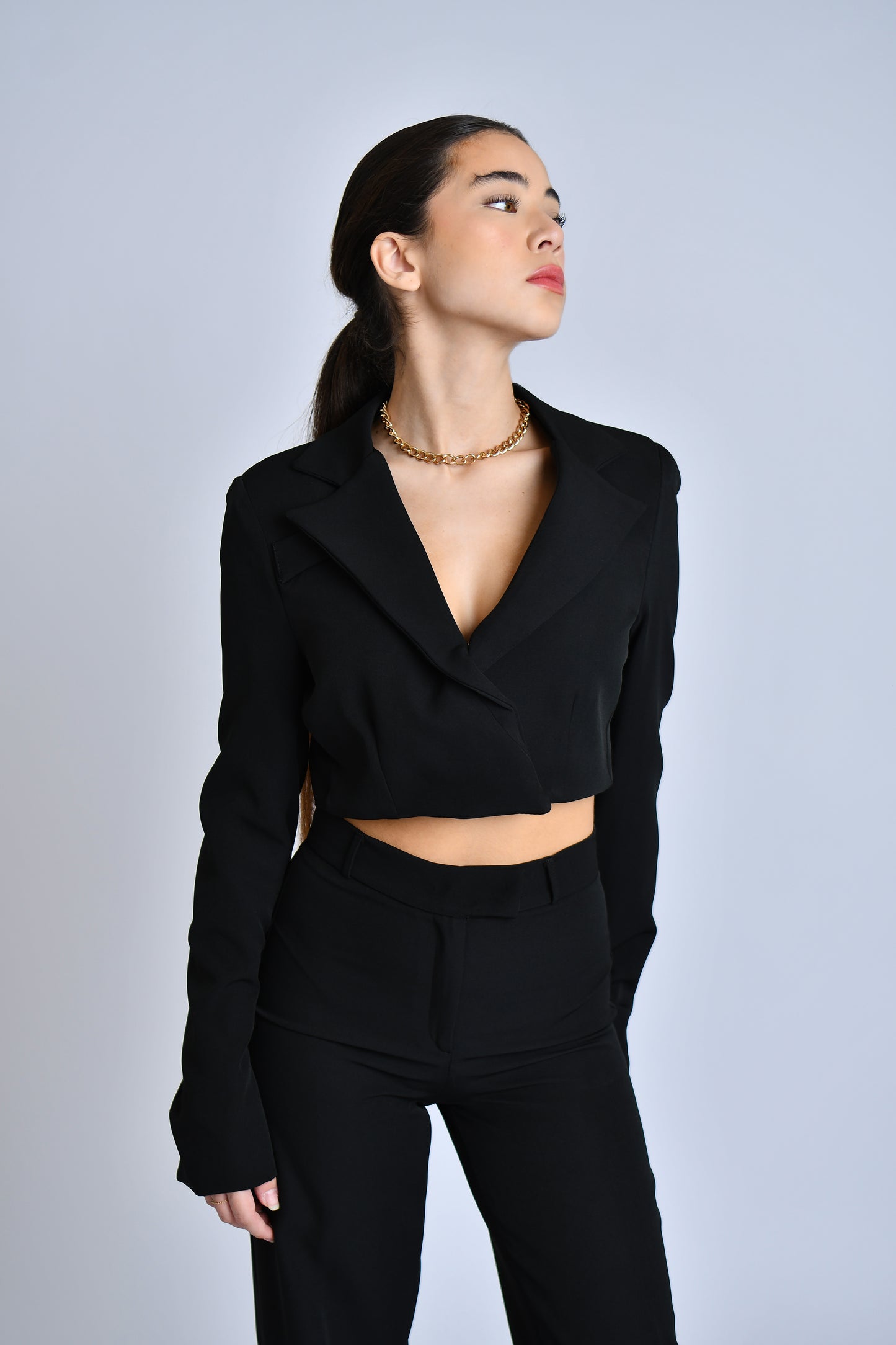 Cropped blazer and wide leg trousers set