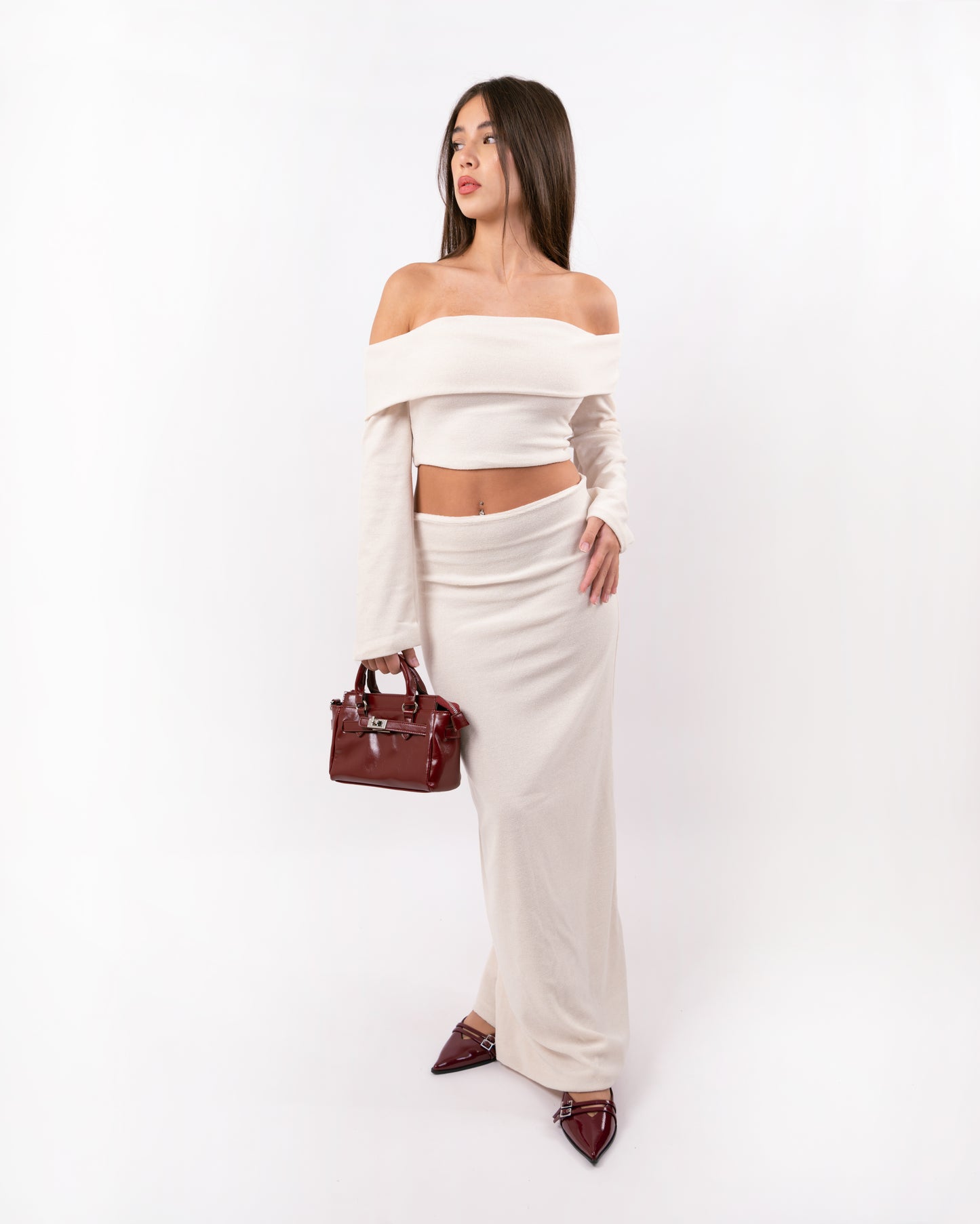 Off-Shoulder Knit Top & Maxi Skirt Set