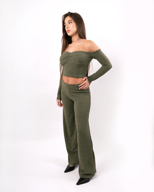 Off-Shoulder Knit Crop Top & Wide-Leg Pant Set