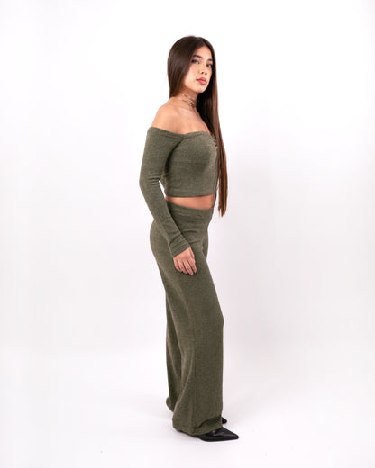 Off-Shoulder Knit Crop Top & Wide-Leg Pant Set