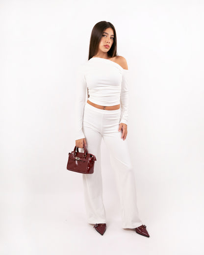 One-Shoulder Long Sleeve Top & Wide-Leg Pants Set