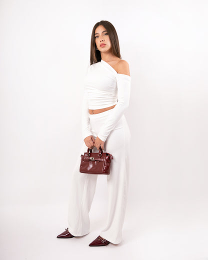 One-Shoulder Long Sleeve Top & Wide-Leg Pants Set