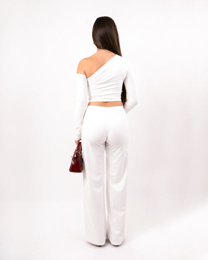 One-Shoulder Long Sleeve Top & Wide-Leg Pants Set