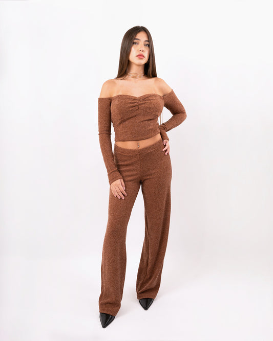 Off-Shoulder Knit Crop Top & Wide-Leg Pant Set