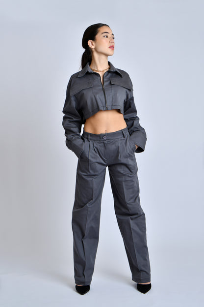 Cropped jacket and low waist wide leg trousers set