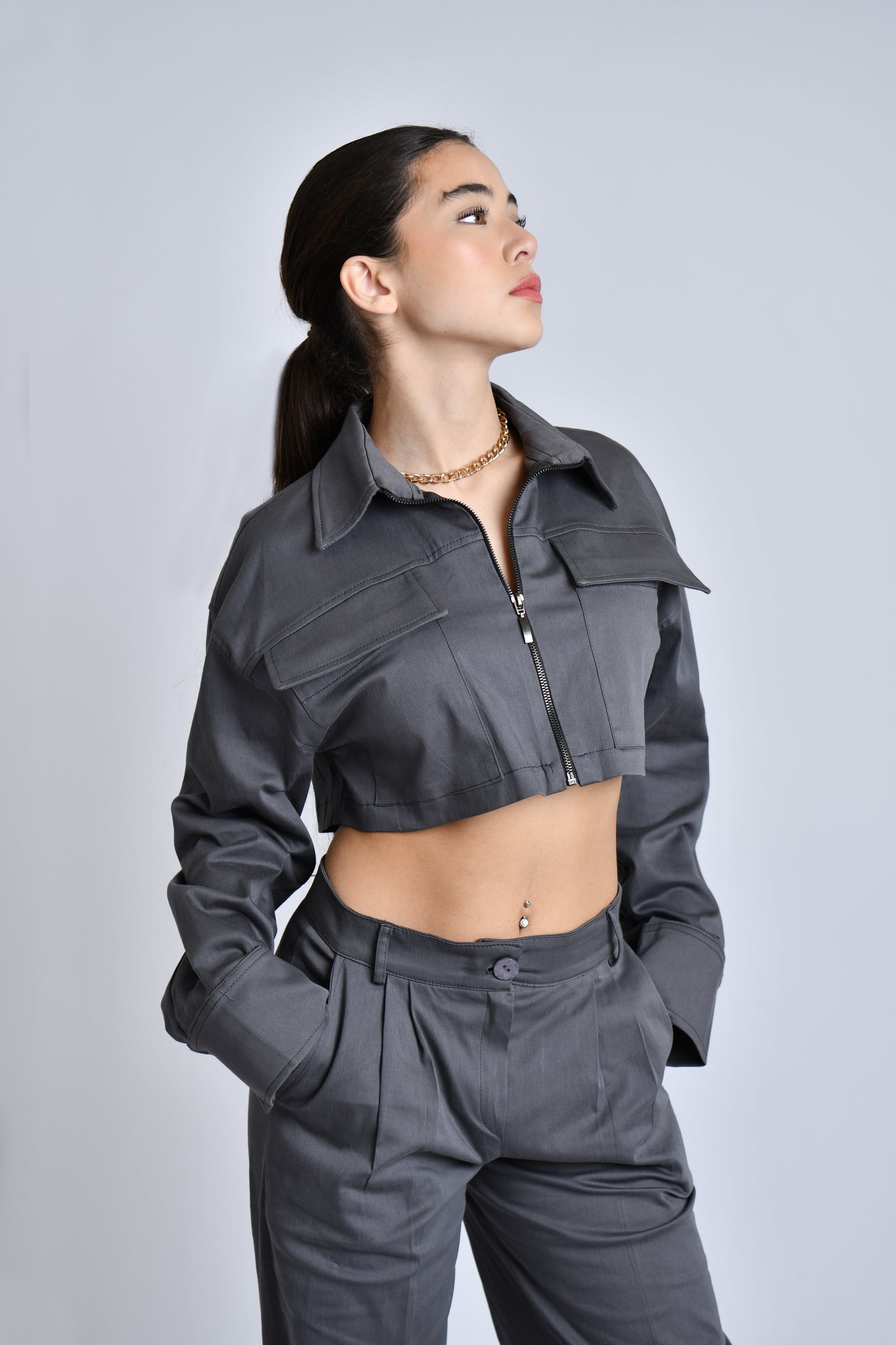 Cropped jacket and low waist wide leg trousers set