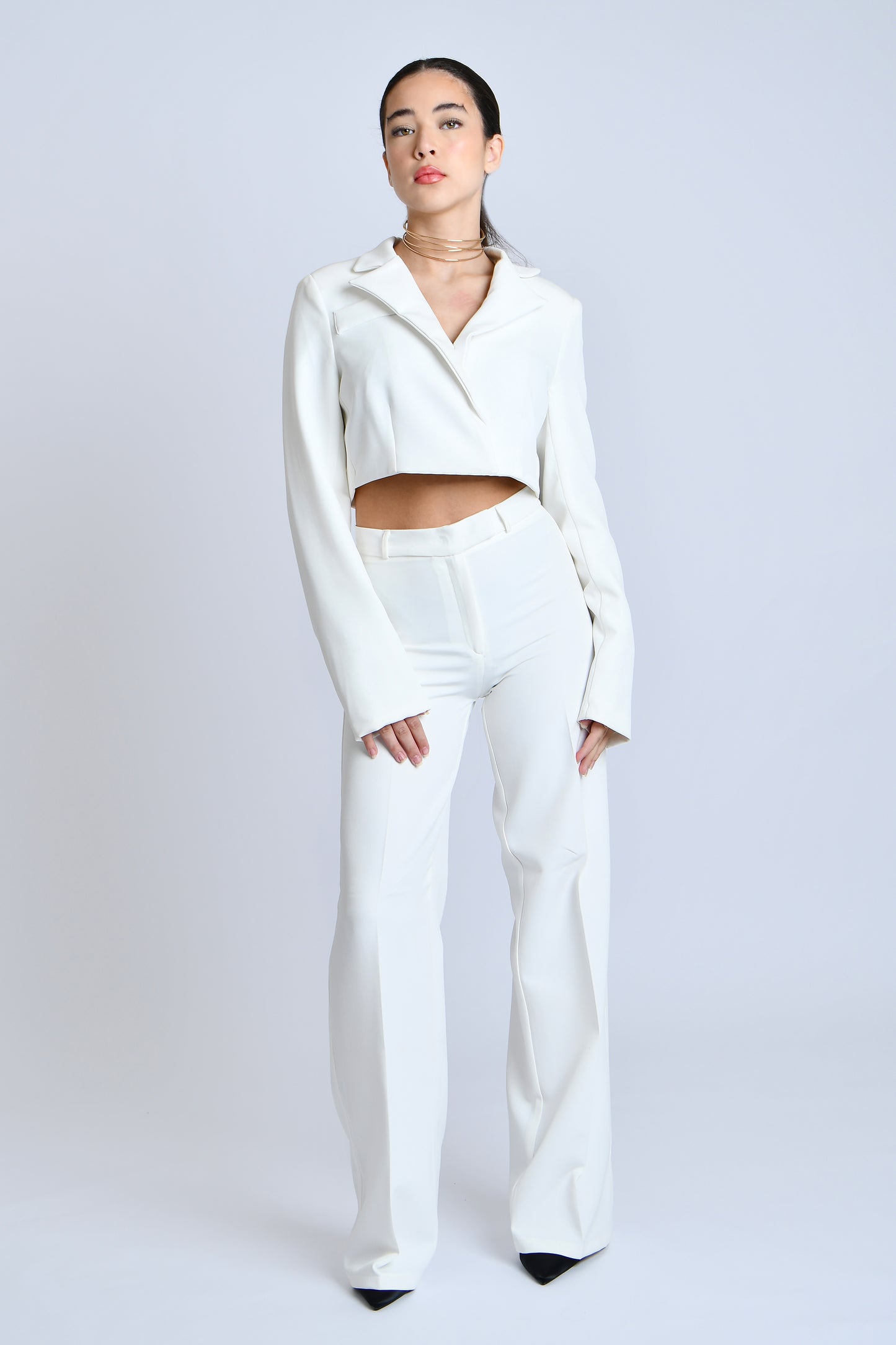 Cropped blazer and wide leg trousers set