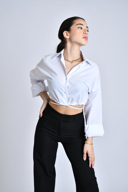 Long sleeve cropped shirt with waist tie