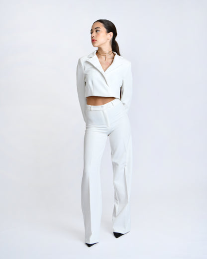 Cropped blazer and wide leg trousers set