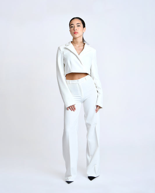 Cropped blazer and wide leg trousers set