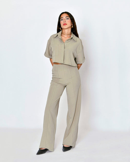 Cropped Shirt and High-Waisted Trousers Set